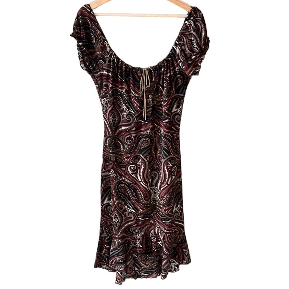 Aqua Blues Y2K Vintage Midi Dress. Hi-Lo Lettuce Hem. Paisley Brown. M
